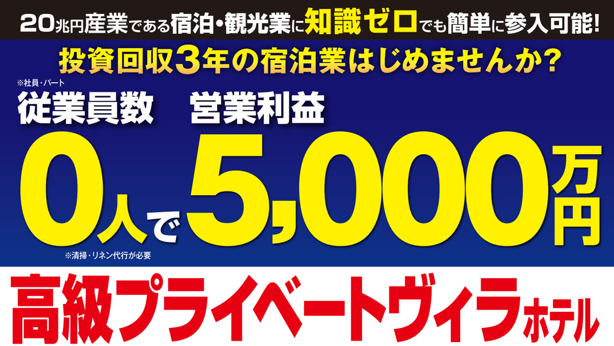 高級プライベートヴィラホテル｜回収３年/売上１億/営利50％